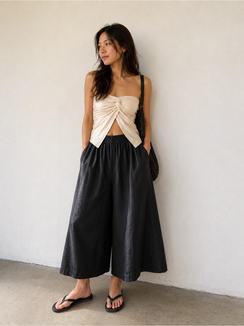 Valeria Label Cropped Extra Wide-Leg Black Culotte Pants Minimalist Size 8 S/M